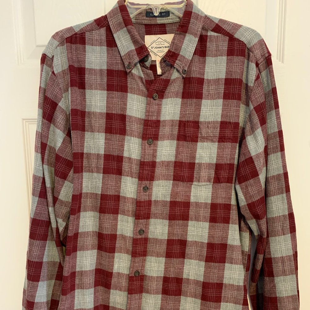 Men's Red and Grey Flannel Checkered Pattern Long Sleeve